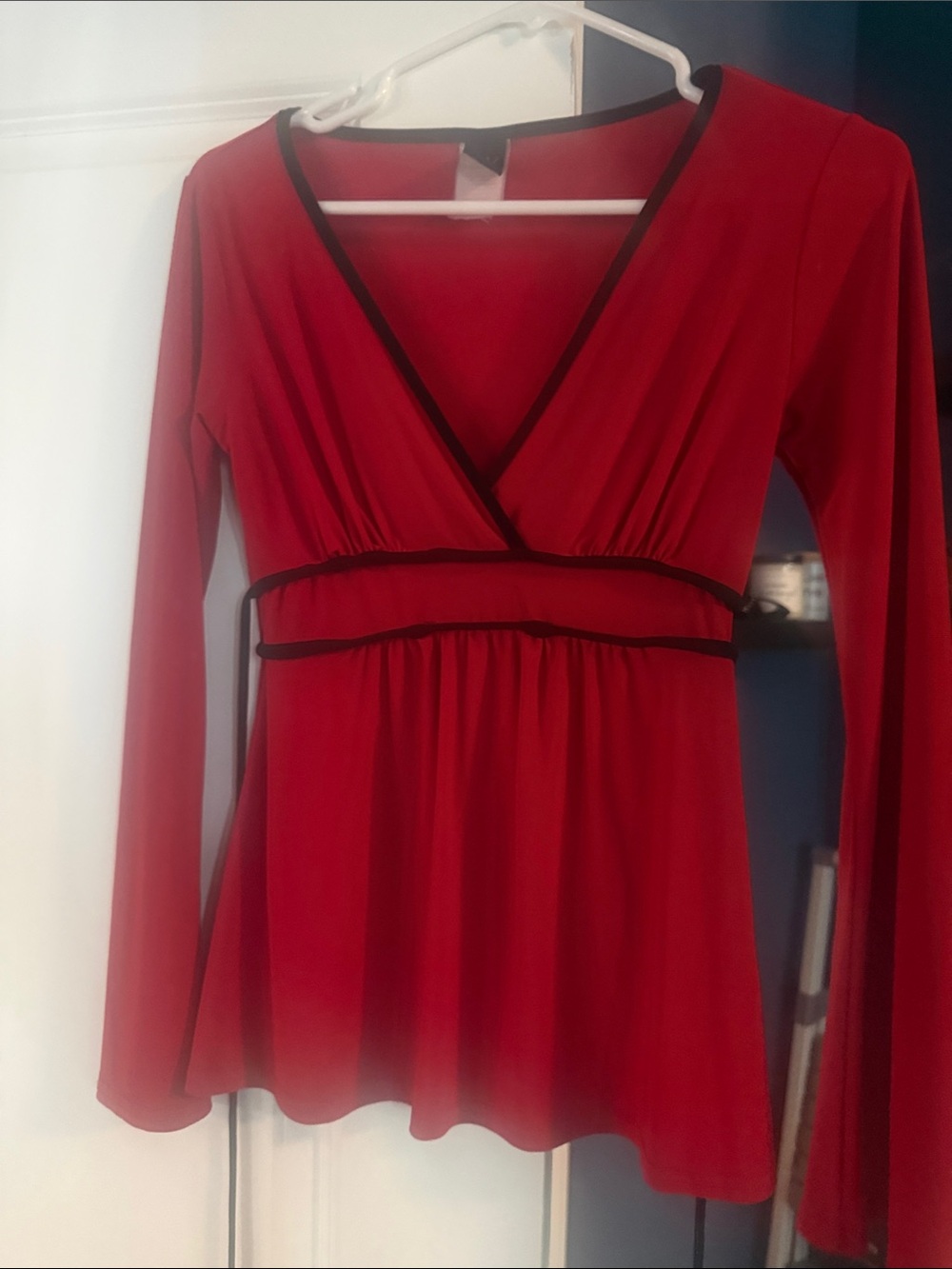 Wrapper Red V-Neck Top with Black Trim